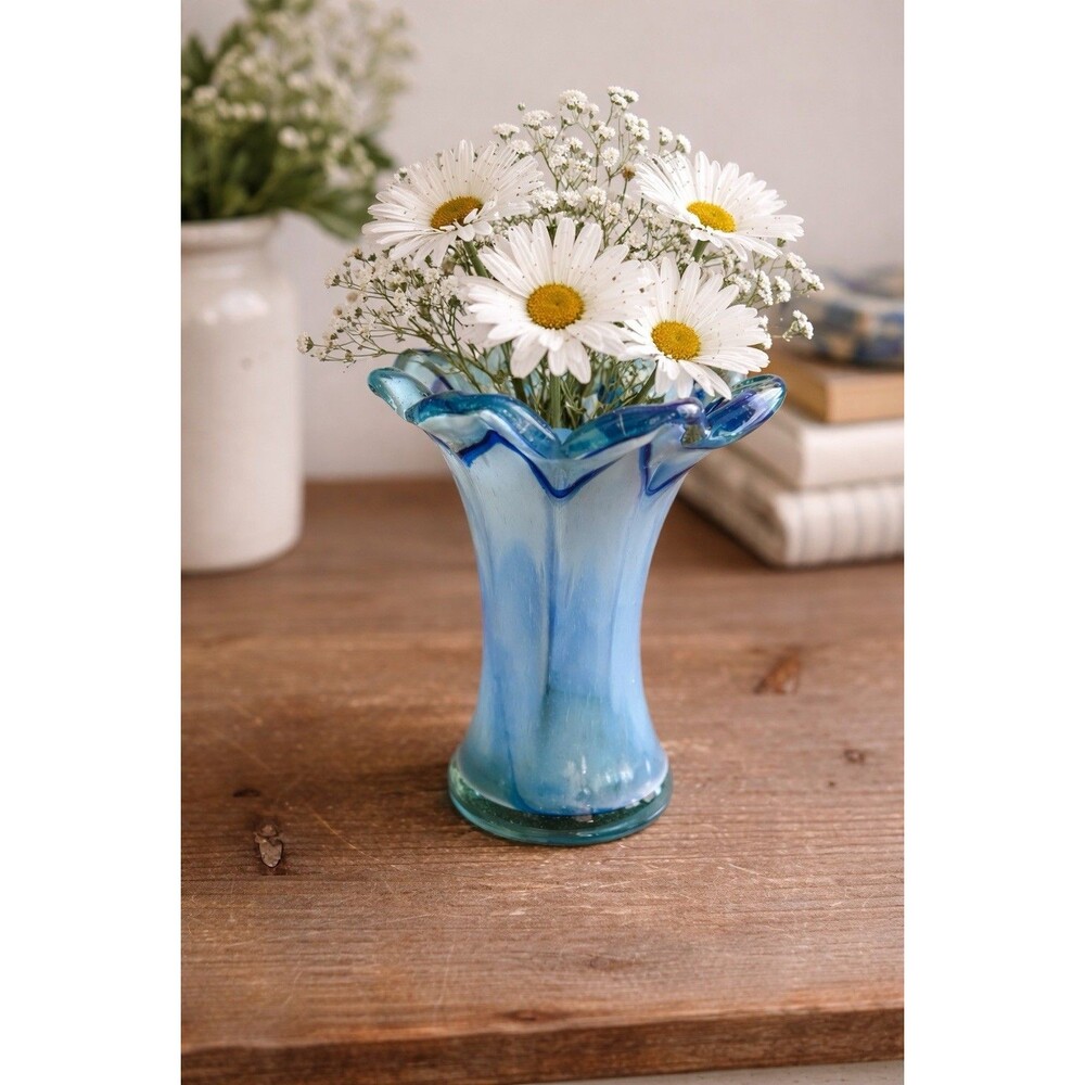 Vintage Blue/green BLOWN SWUNG Glass Vase With RUFFLED Top VASE 6” Tall